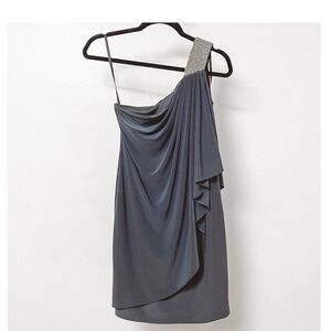 Cache One Shoulder‎ Beaded Strap Luxury NYE Chic Formal Mini Dress Gray Blue
